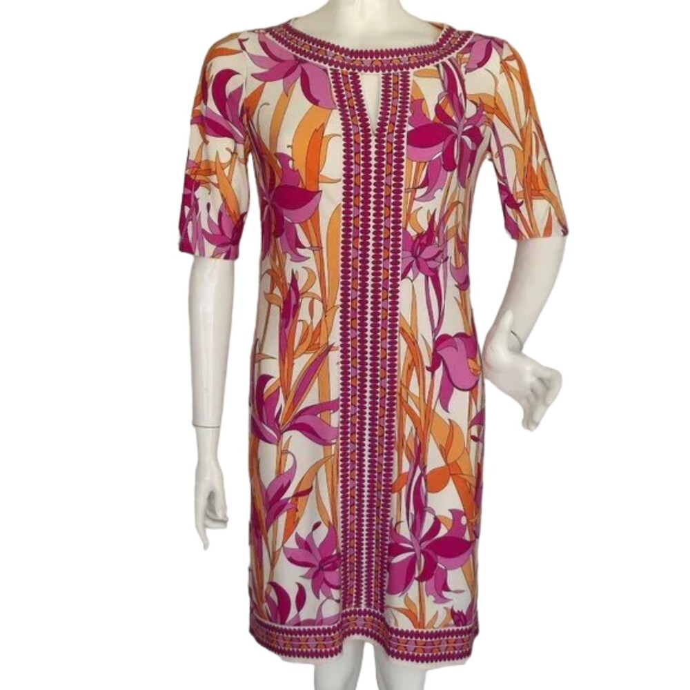 MAGGY LONDON Dress, 6, Bold Berry/Orange Print, Keyhole, Mid-sleeve, Pullover